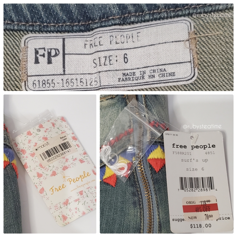 FREE PEOPLE Festival Staple, Aztec Tribal Embroidered Denim Mini Skirt, … - Picture 8 of 9